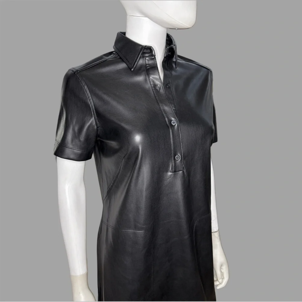 Max Studio Black Faux Leather‎ Short Sleeve Shirtdress With Pockets